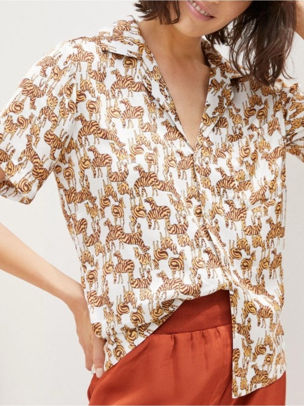 Anthropologie White Button-Up Shirt with Brown Tiger Print
